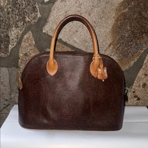 ETRO SATCHEL Brown Leather Handbag WITH LOCK AND KEY original liner inside